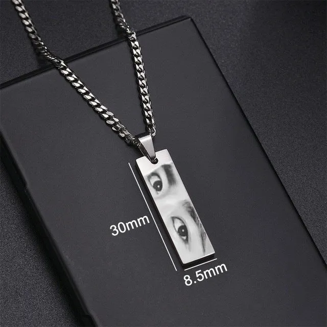 Custom stainless steel necklace with engraved eye photo on titanium steel geometric pendant, colour HZ001