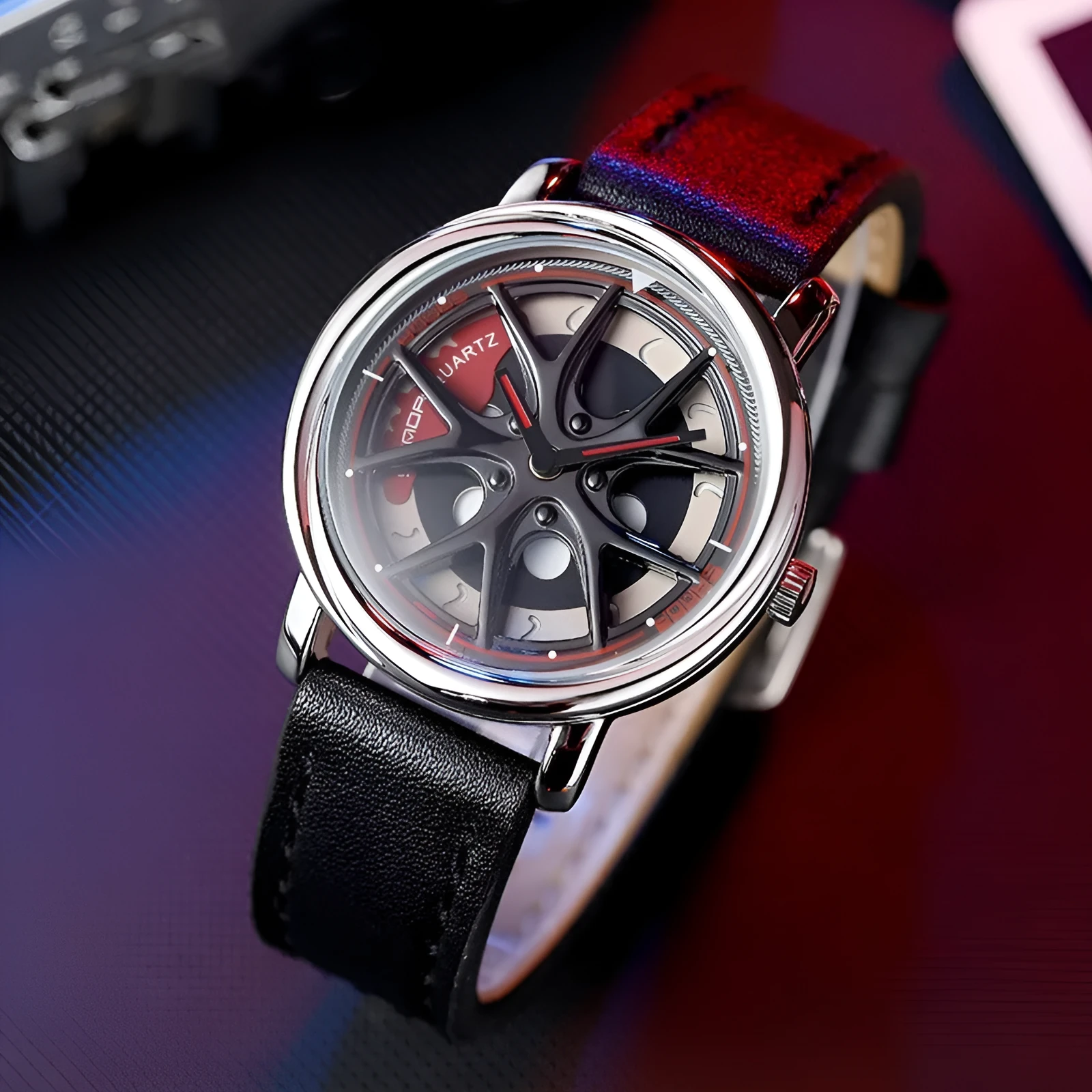 Men's creative sports belt quartz watch with alloy case and mineral glass mirror