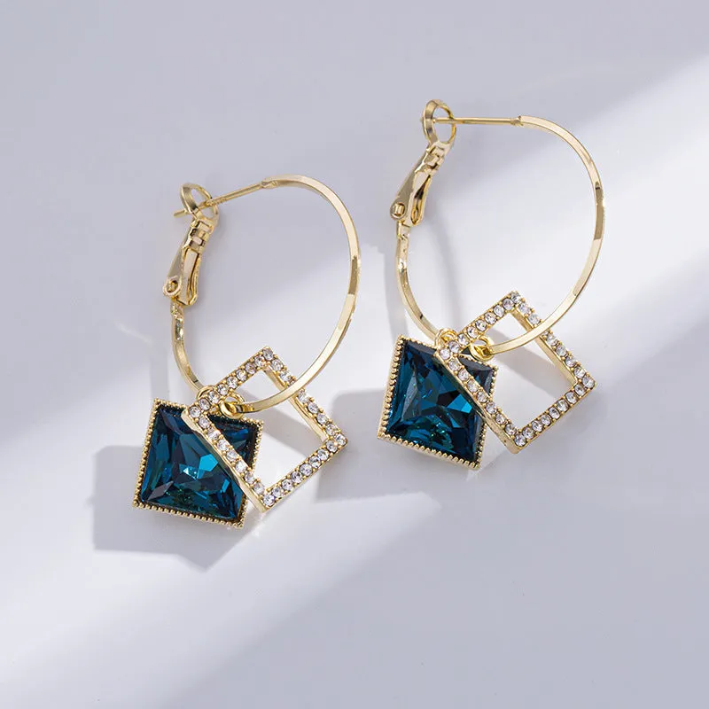 Square inlaid zircon earrings for women, copper plated gold with 925 silver needle, geometric quadrilateral shape, fashion OL style