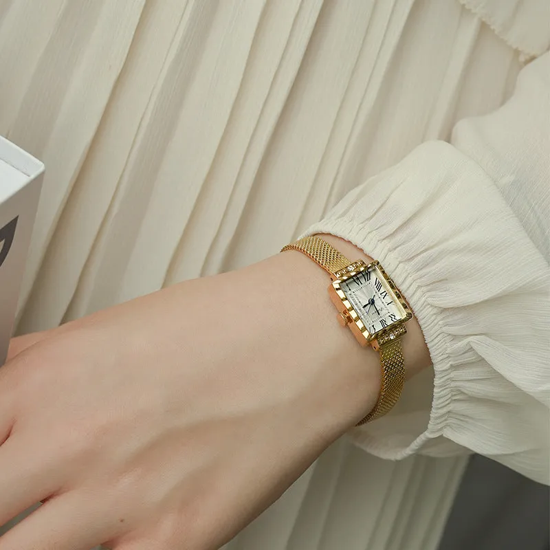 Women's rectangular white gold Milan belt watch with white face and steel strap