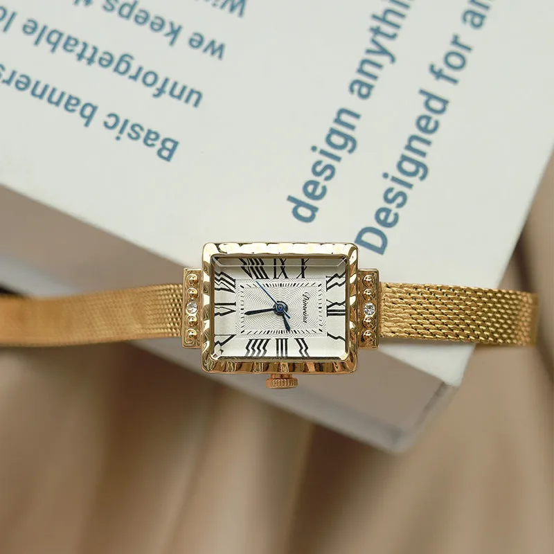 Women's rectangular white gold Milan belt watch with white face and steel strap