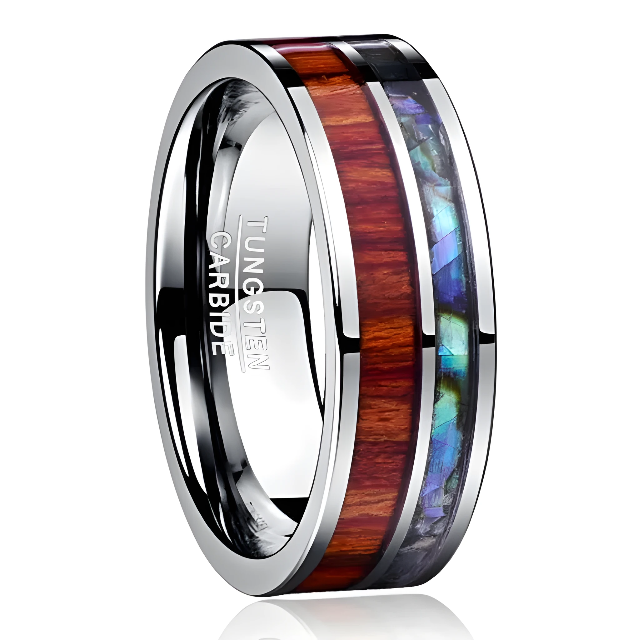 8mm wide tungsten carbide men's wedding ring with polished wood grain finish in silver tone