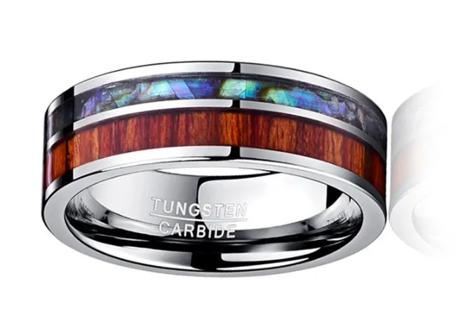 8mm wide tungsten carbide men's wedding ring with polished wood grain finish in silver tone