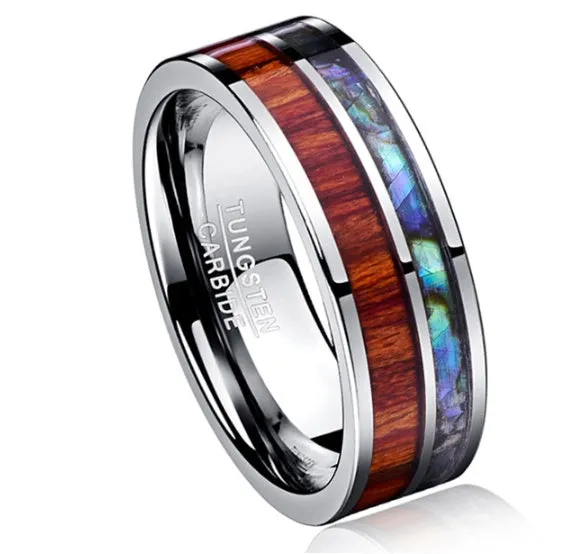 8mm wide tungsten carbide men's wedding ring with polished wood grain finish in silver tone