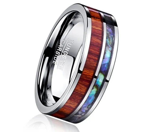 8mm wide tungsten carbide men's wedding ring with polished wood grain finish in silver tone