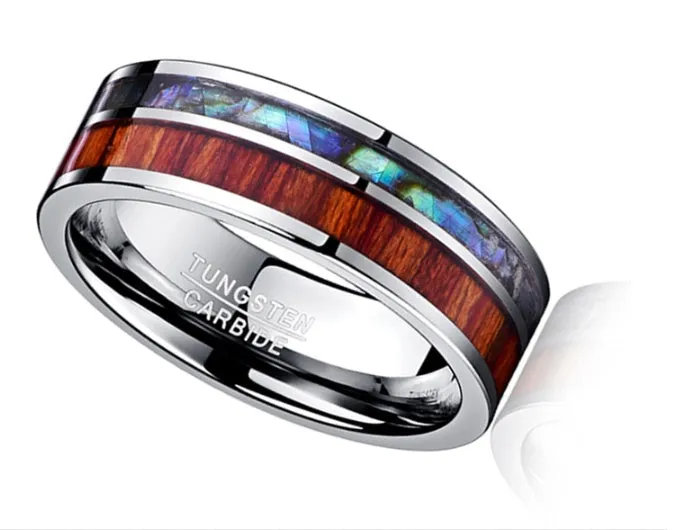 8mm wide tungsten carbide men's wedding ring with polished wood grain finish in silver tone