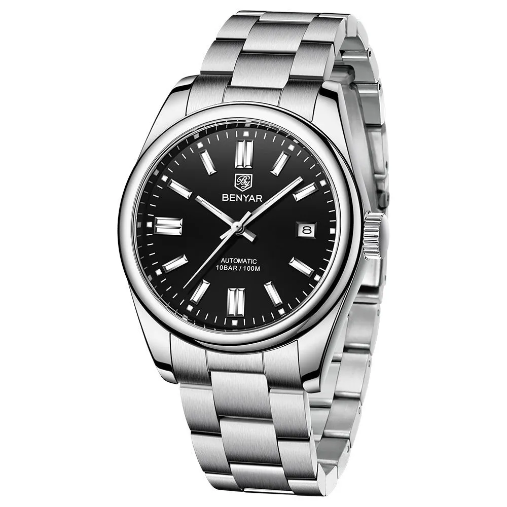 Men's automatic mechanical watch with 39mm round dial, stainless steel strap, and black dial face on white background
