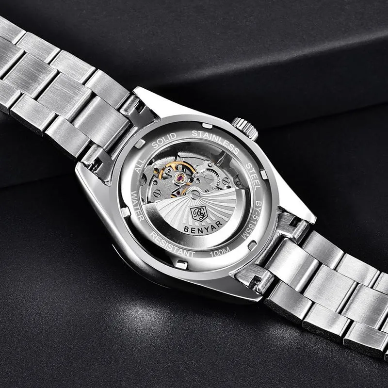 Men's automatic mechanical watch with 39mm round dial, stainless steel strap, and black dial face on white background