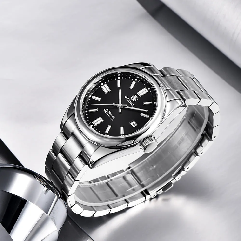 Men's automatic mechanical watch with 39mm round dial, stainless steel strap, and black dial face on white background