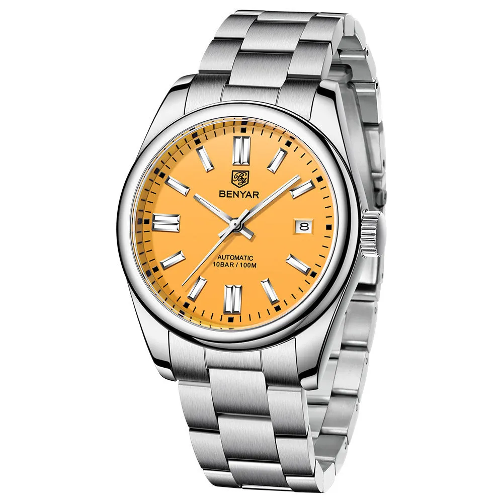 Men's automatic mechanical watch with 39mm round dial, stainless steel strap, and black dial face on white background