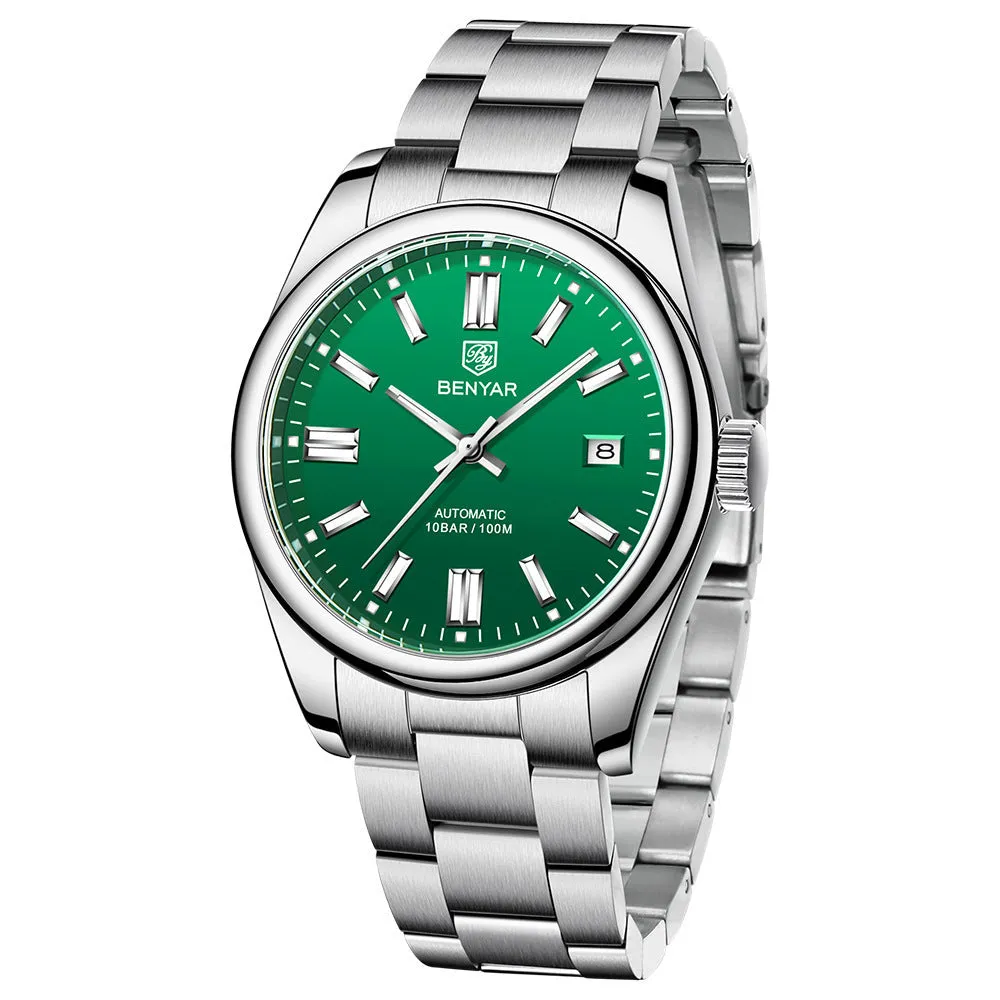 Men's automatic mechanical watch with 39mm round dial, stainless steel strap, and black dial face on white background