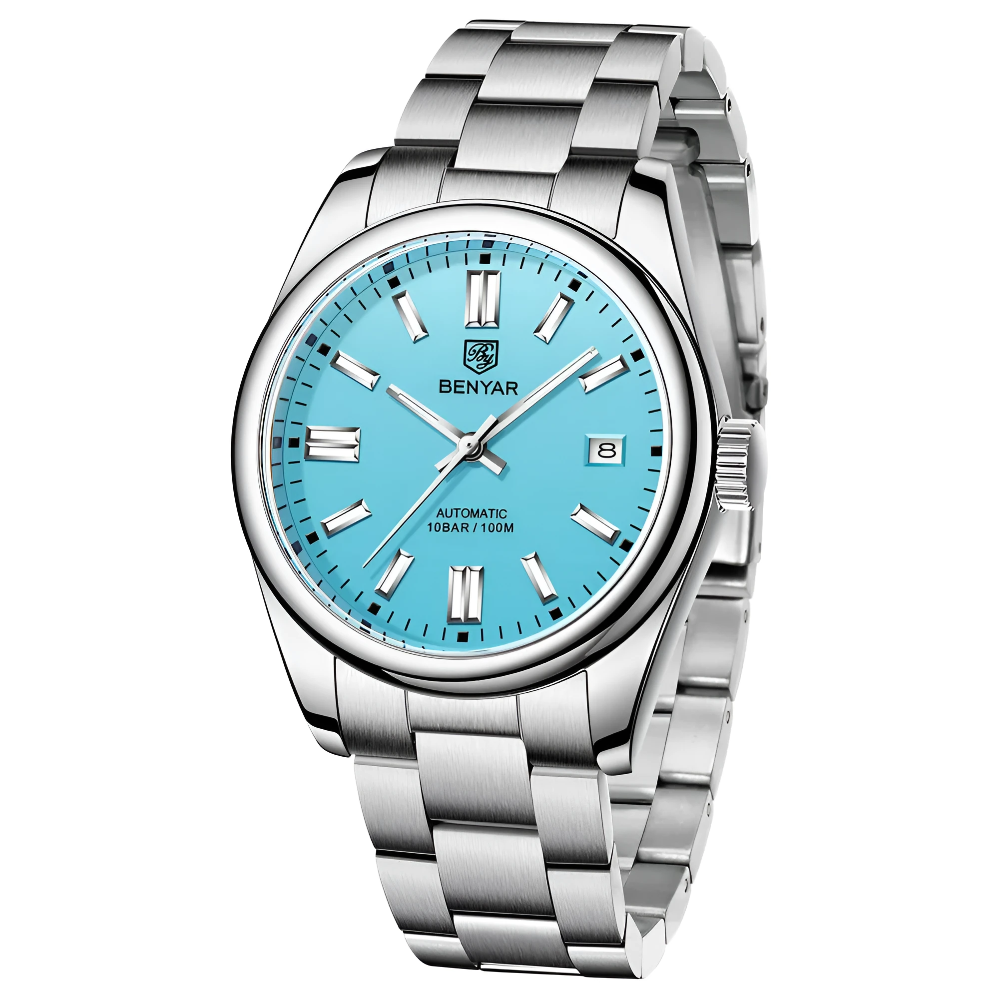 Men's automatic mechanical watch with 39mm round dial, stainless steel strap, and black dial face on white background