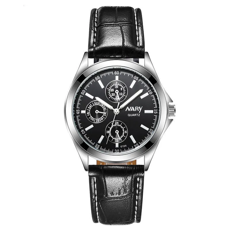 Couple three eyes six needles luminous waterproof quartz watch silver case black surface black belt