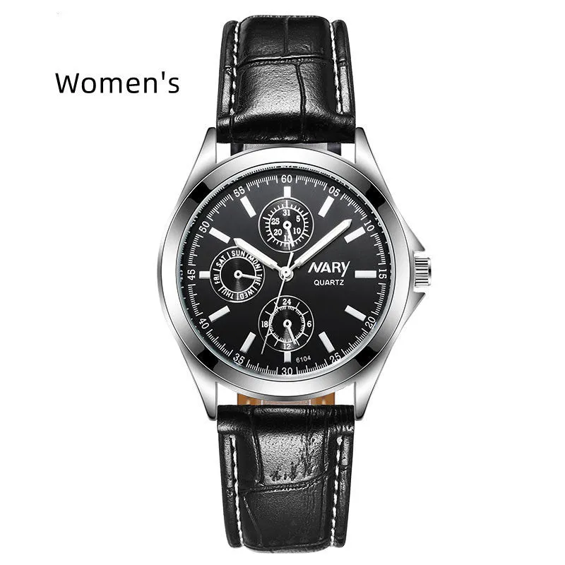 Couple three eyes six needles luminous waterproof quartz watch silver case black surface black belt