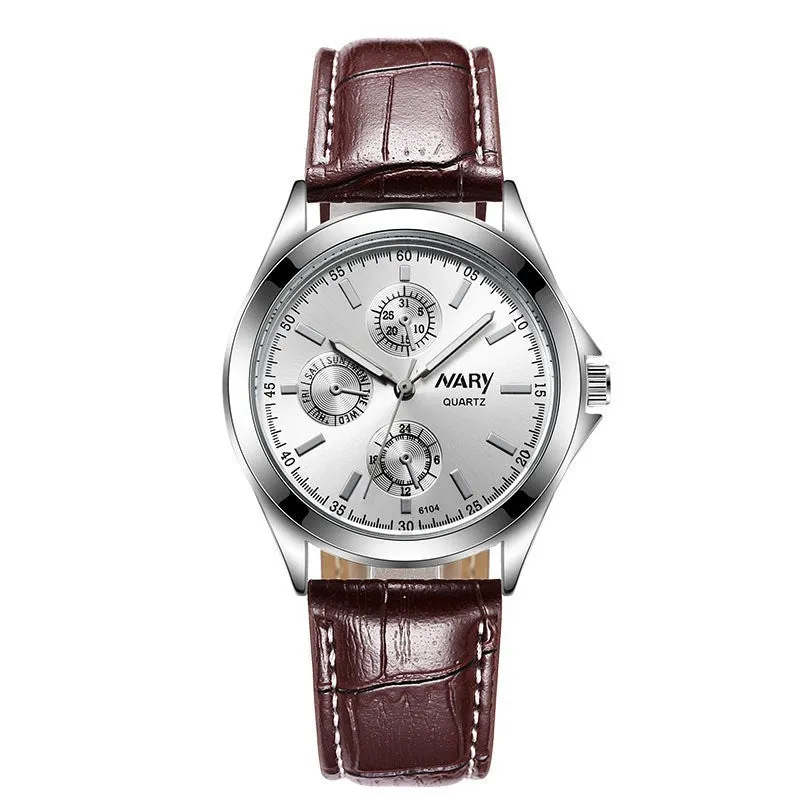 Couple three eyes six needles luminous waterproof quartz watch silver case black surface black belt