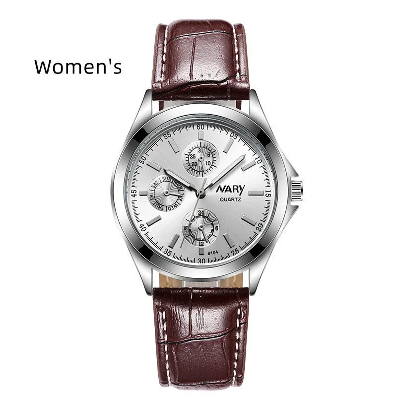 Couple three eyes six needles luminous waterproof quartz watch silver case black surface black belt