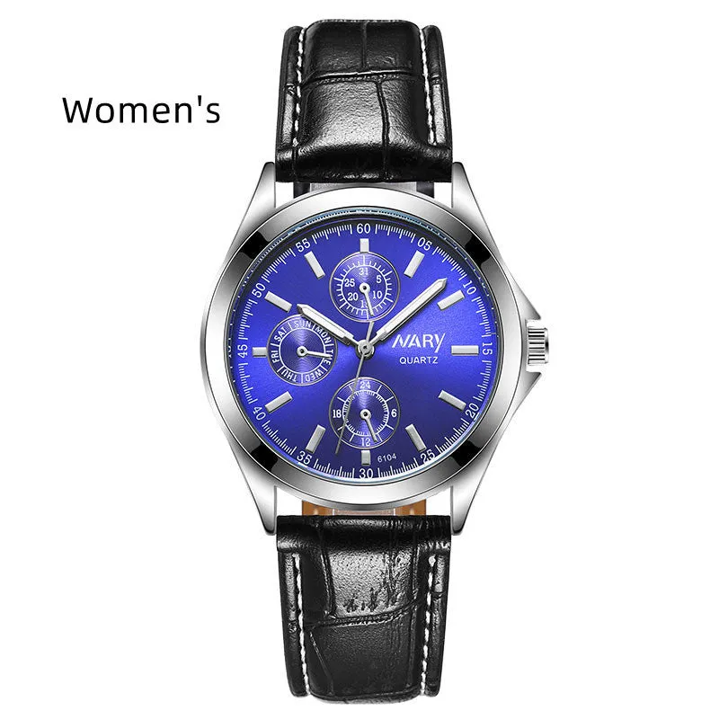 Couple three eyes six needles luminous waterproof quartz watch silver case black surface black belt