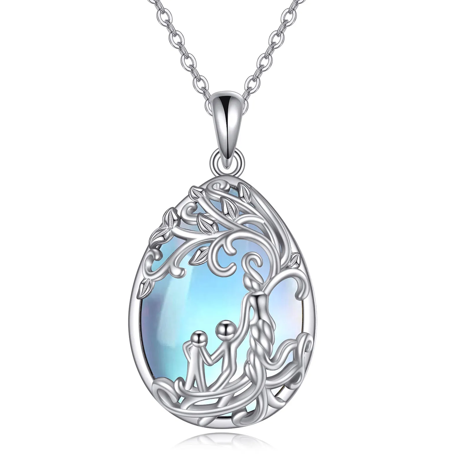 Sterling silver moonstone tree of life pendant with white gold plating on 18-inch cable chain