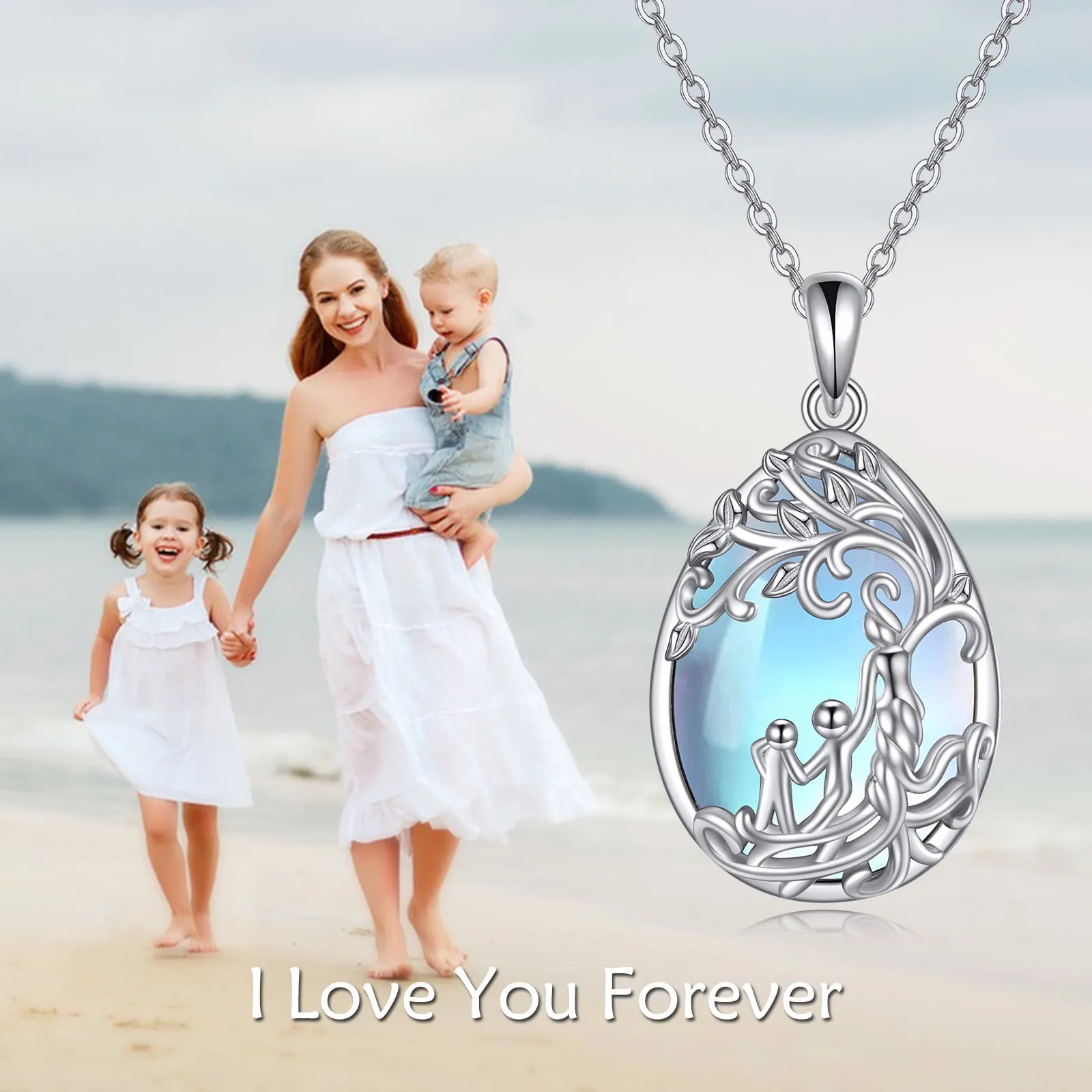 Sterling silver moonstone tree of life pendant with white gold plating on 18-inch cable chain