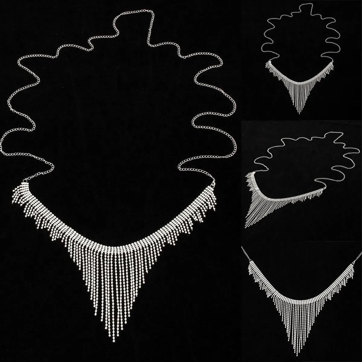 Silvery rhinestone body chain laid flat on a white surface showing metal links and clear stones