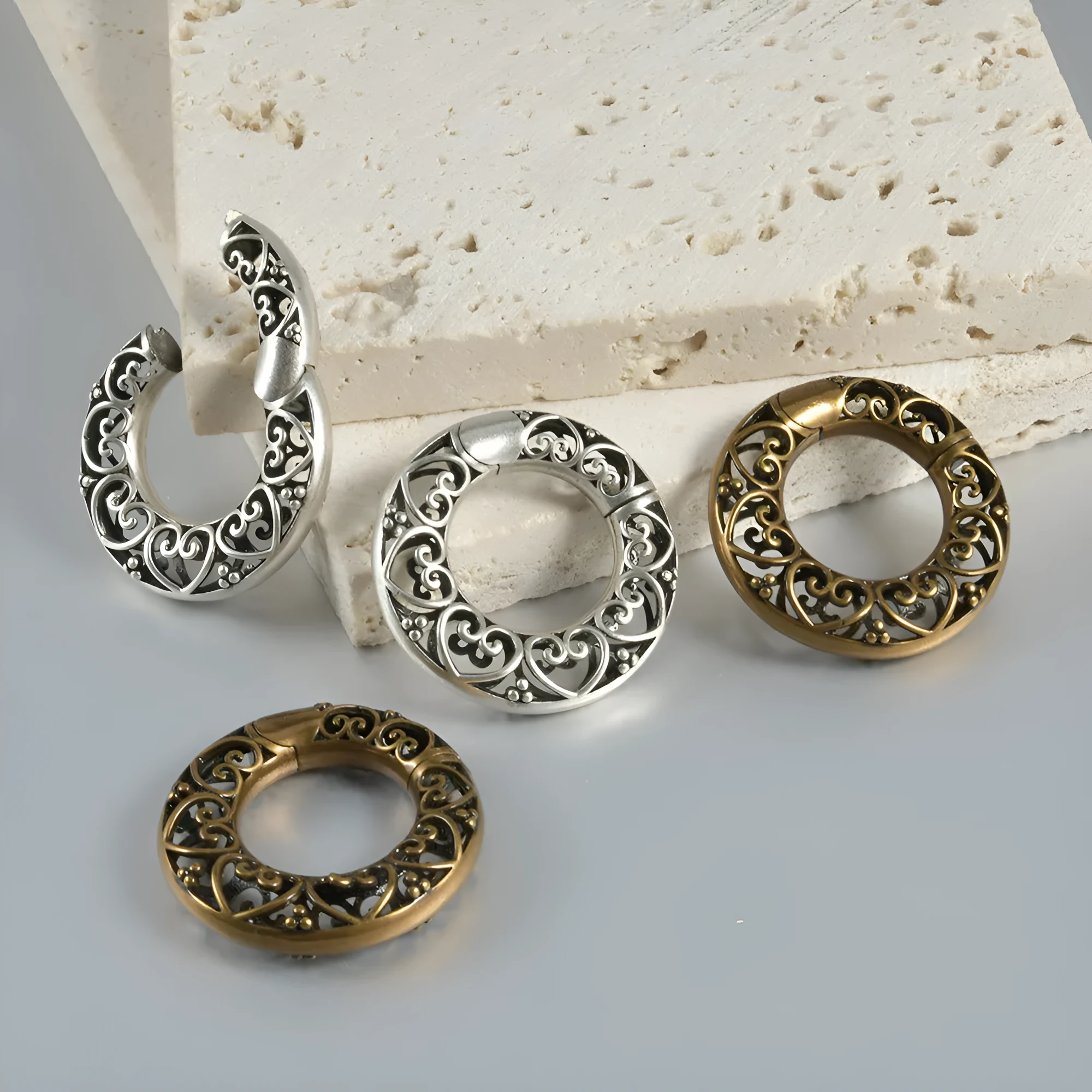 Retro geometric magnetic earrings in heart or lotus shape with antique silver or gold finish