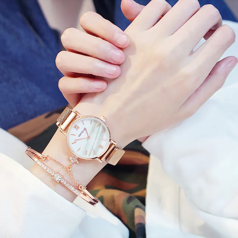 Women's retro marble watch with 32mm round dial, alloy strap, and magnetic buckle on white background