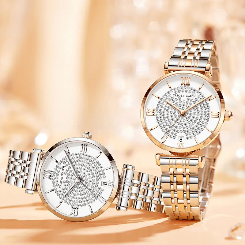Starry women's quartz watch with 33mm dial, alloy strap, mineral glass mirror, and butterfly clasp on white background