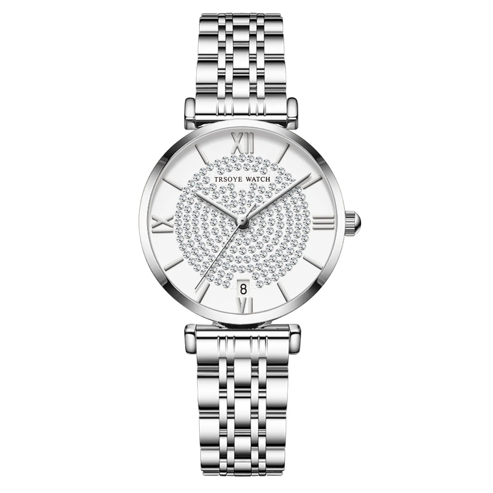Starry women's quartz watch with 33mm dial, alloy strap, mineral glass mirror, and butterfly clasp on white background