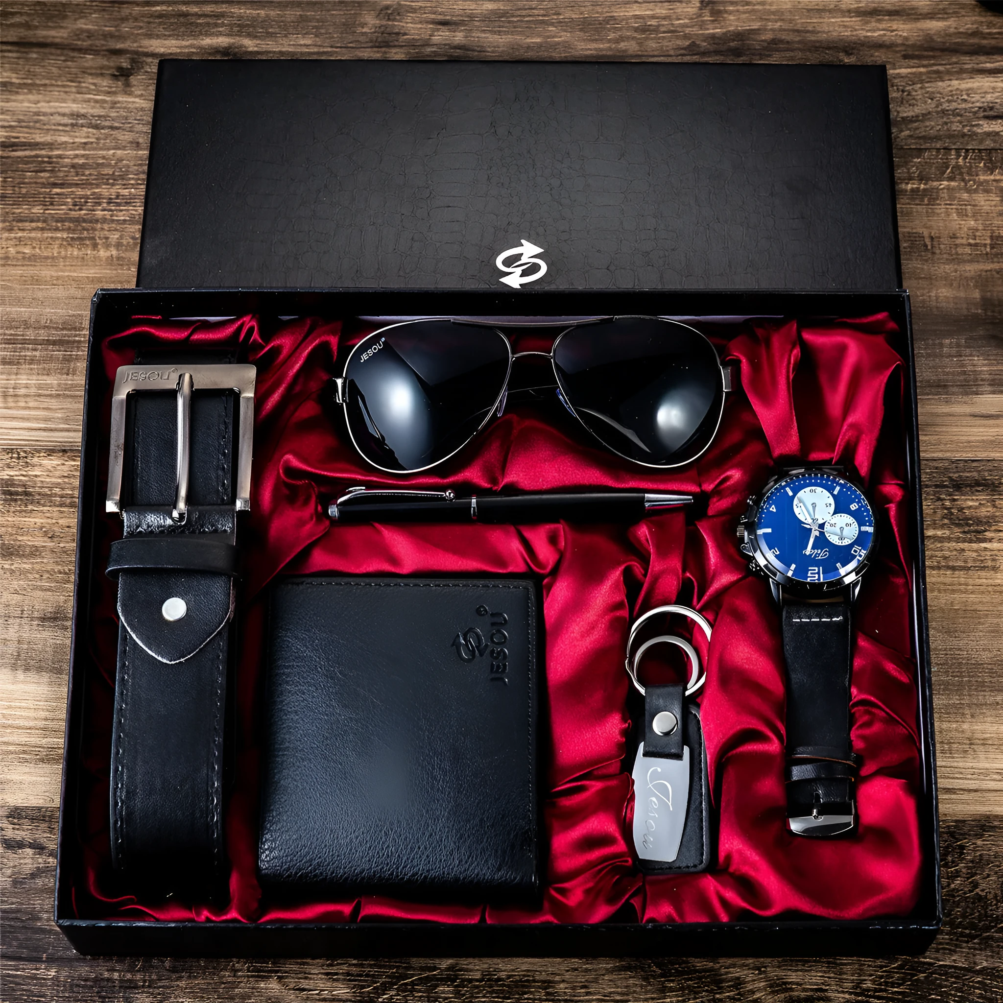 Men's casual quartz chronograph watch gift set black dial 40mm alloy case PU strap pin buckle