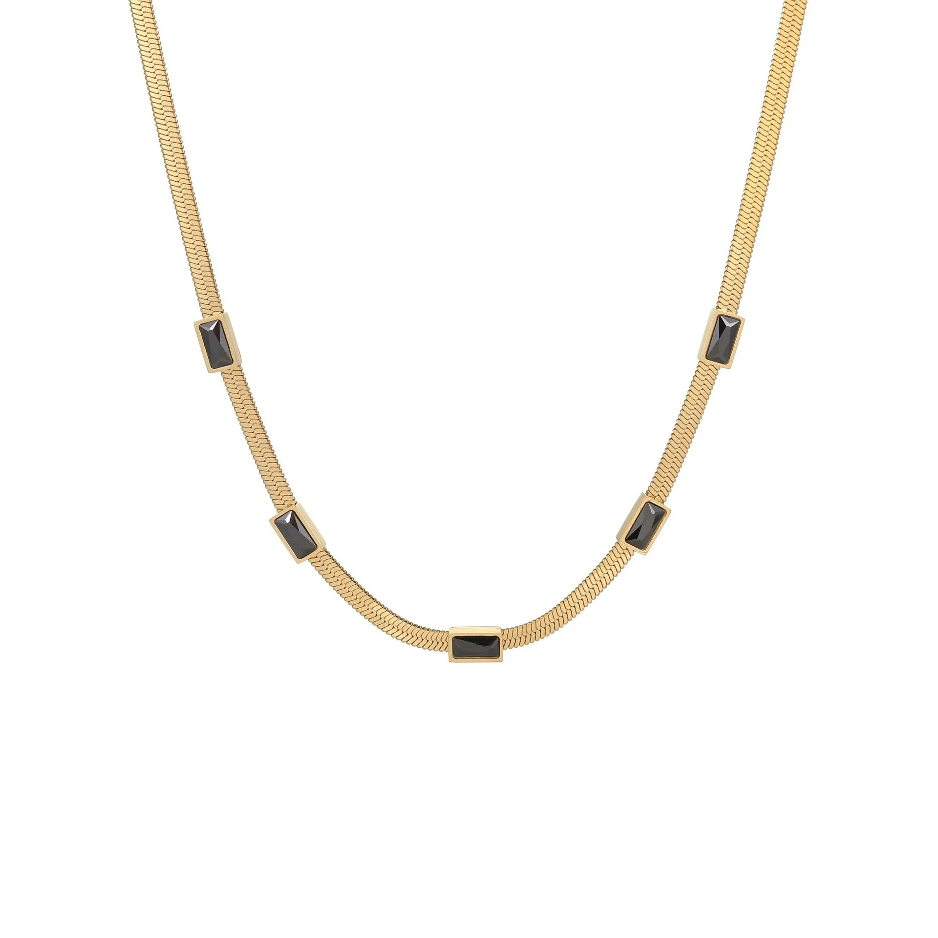 Geometric square zircon pendant on a flat stainless steel snake chain necklace in gold or steel colour.