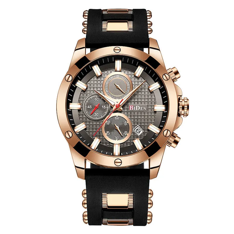 Men's quartz watch with blue dial, silicone band, 40mm alloy case and stainless steel pin buckle