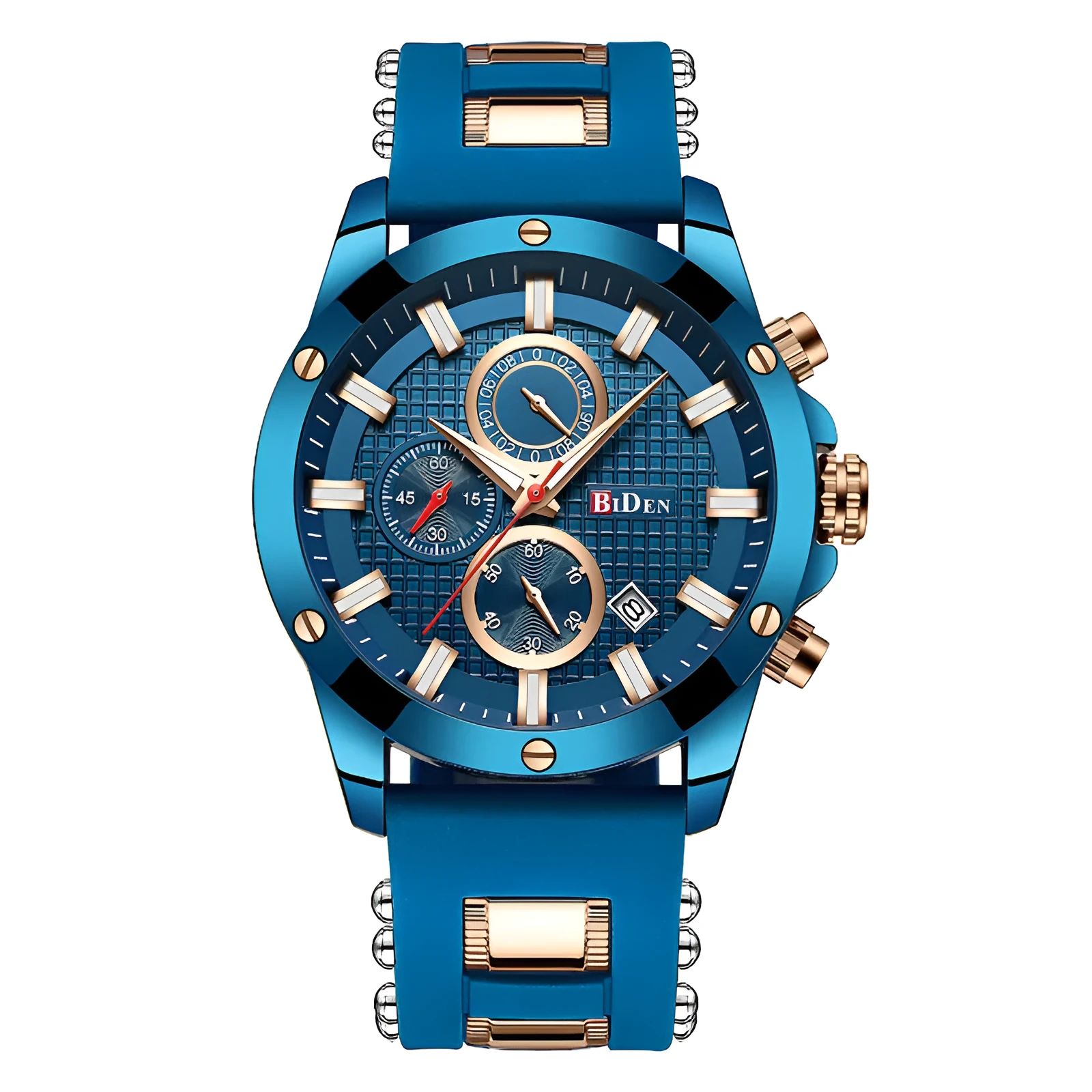 Men's quartz watch with blue dial, silicone band, 40mm alloy case and stainless steel pin buckle