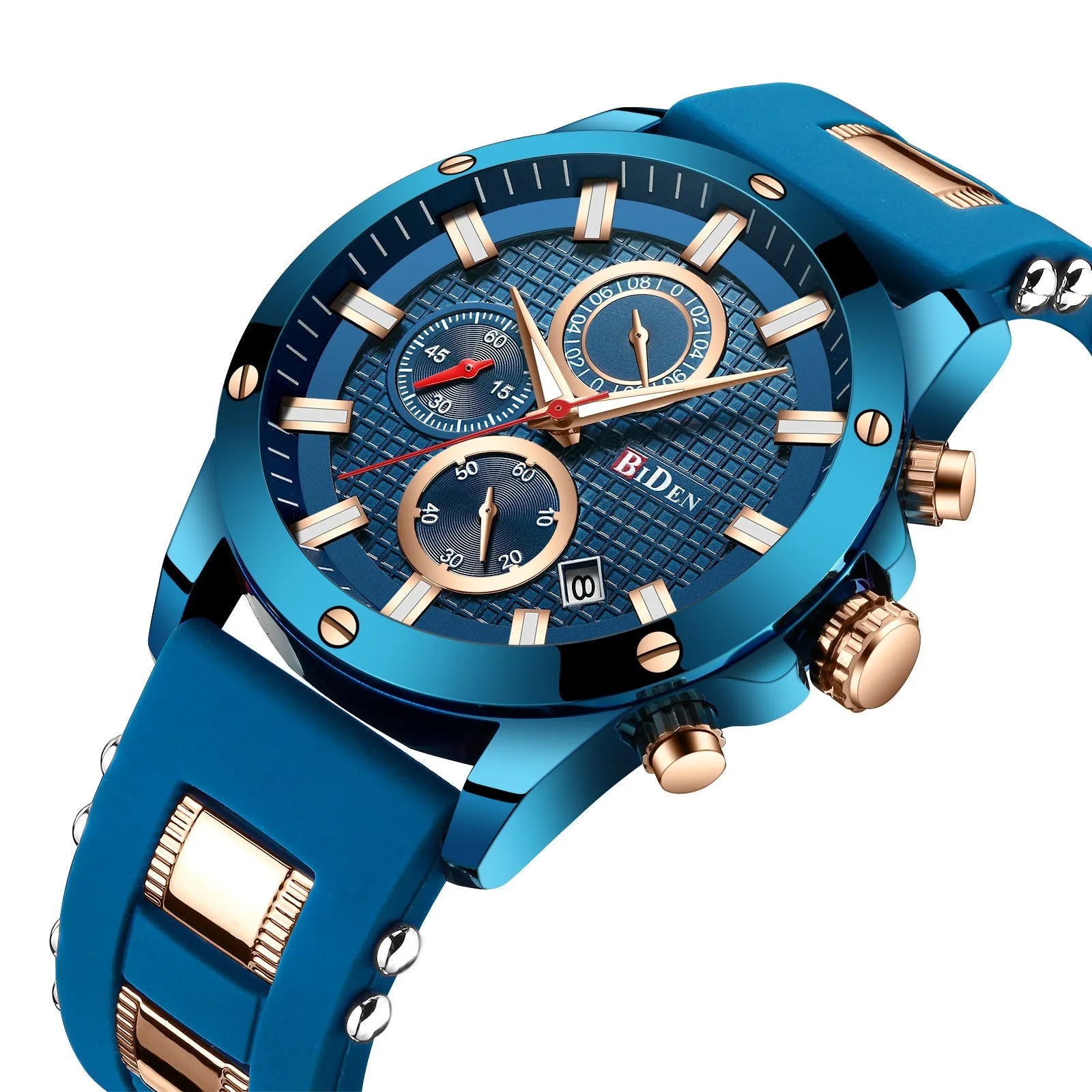 Men's quartz watch with blue dial, silicone band, 40mm alloy case and stainless steel pin buckle
