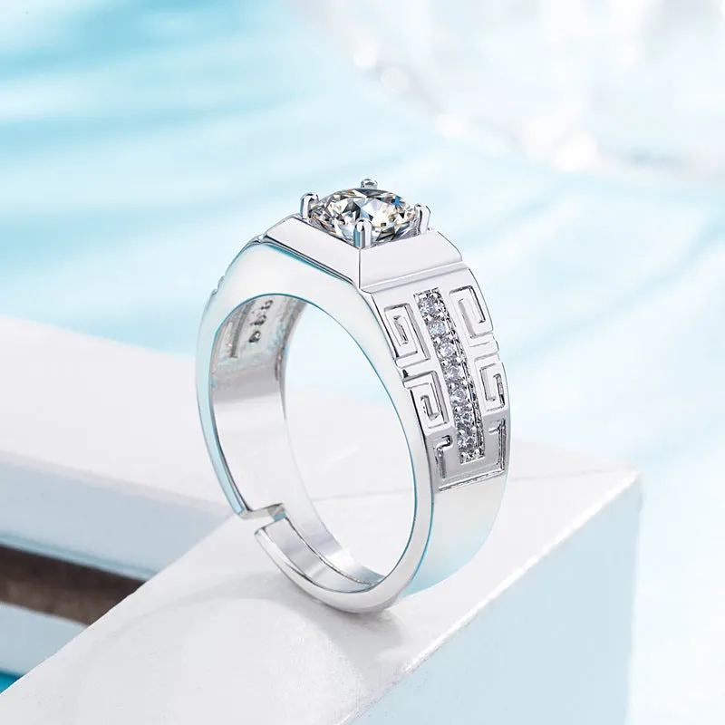 Geometric white gold moissanite ring for men with clean lines and brilliant stone
