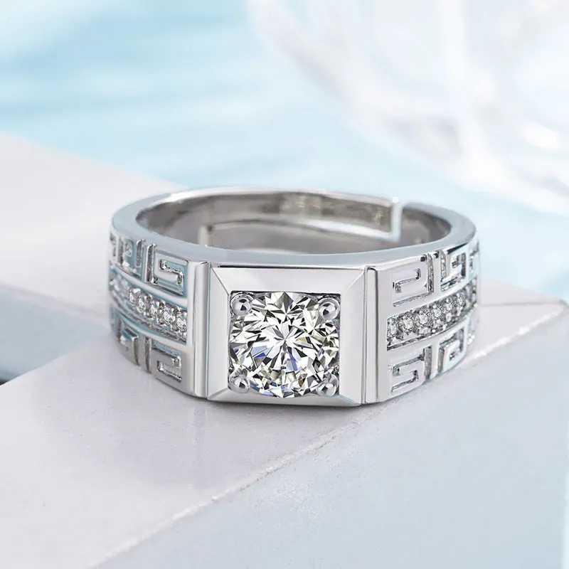 Geometric white gold moissanite ring for men with clean lines and brilliant stone