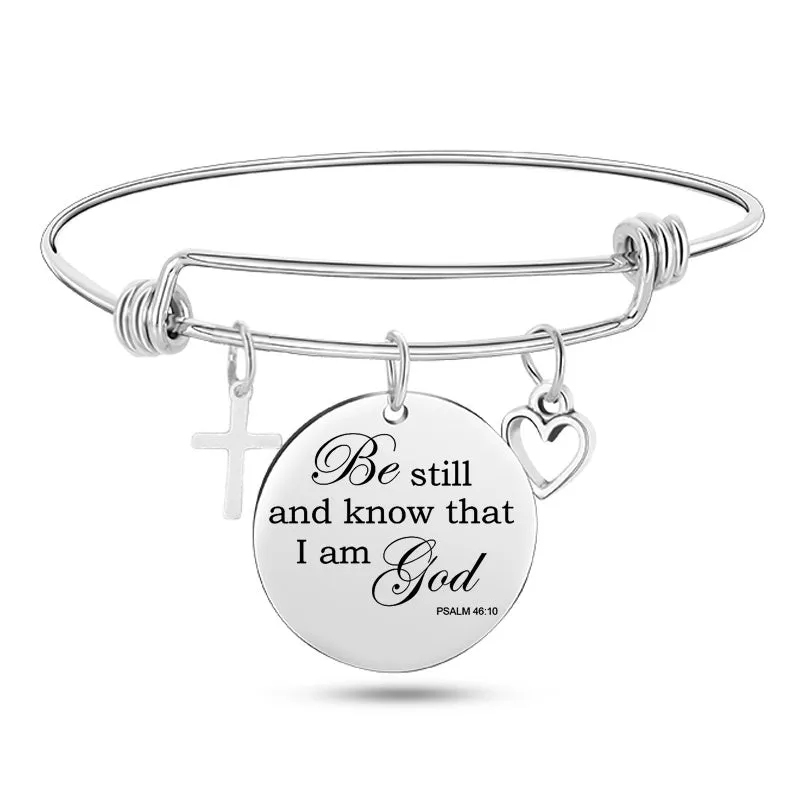 Silver stainless steel bangle bracelet with cross pendant and Christian Bible scripture design