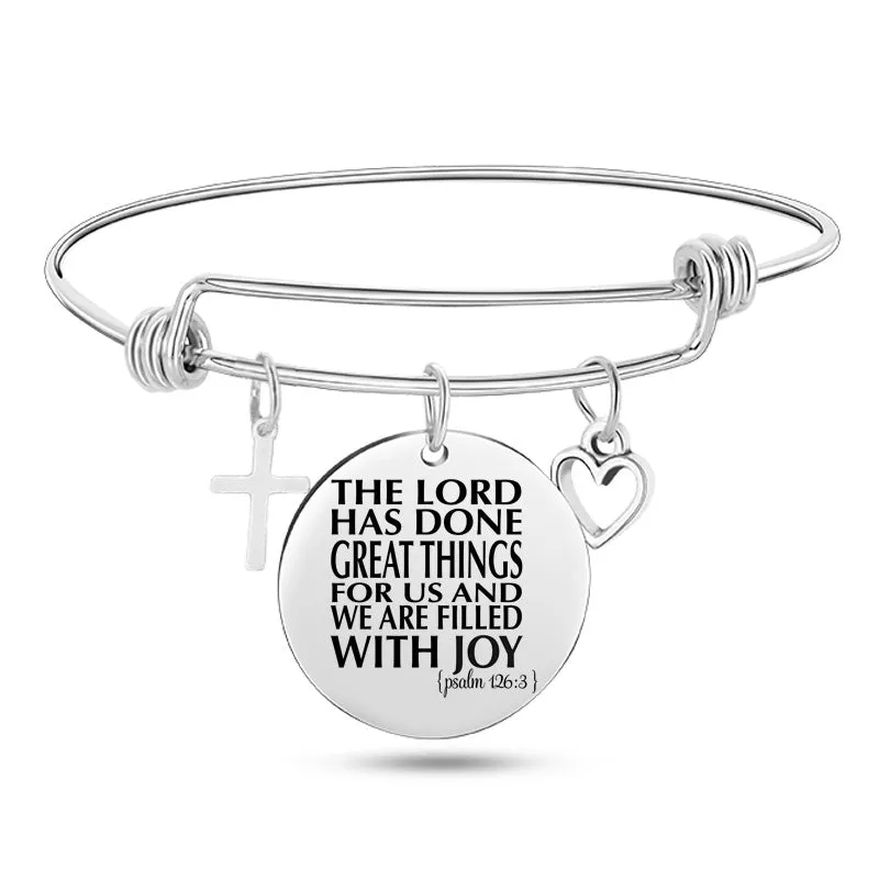 Silver stainless steel bangle bracelet with cross pendant and Christian Bible scripture design