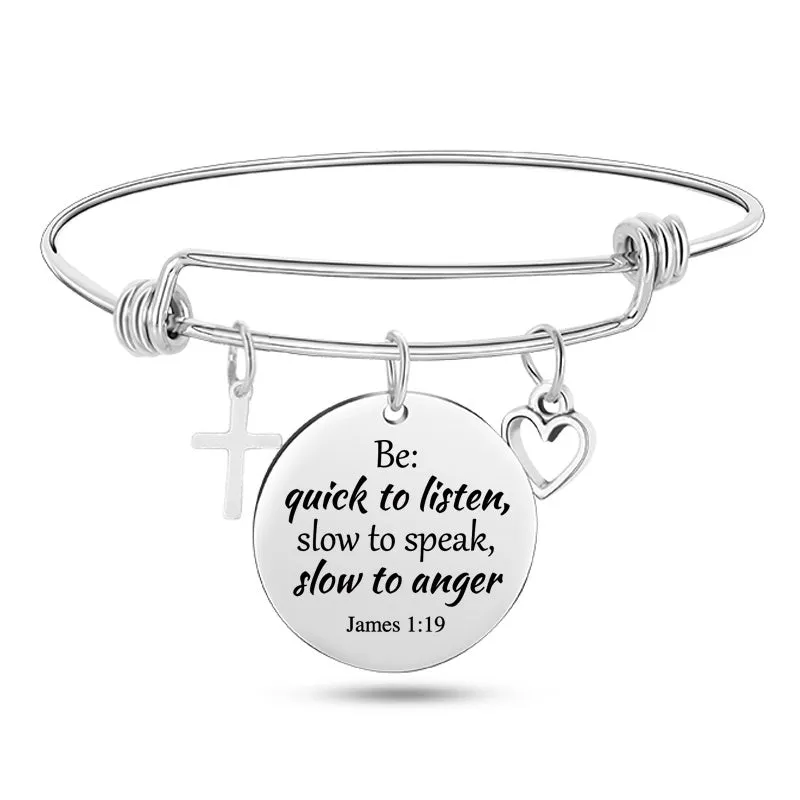 Silver stainless steel bangle bracelet with cross pendant and Christian Bible scripture design