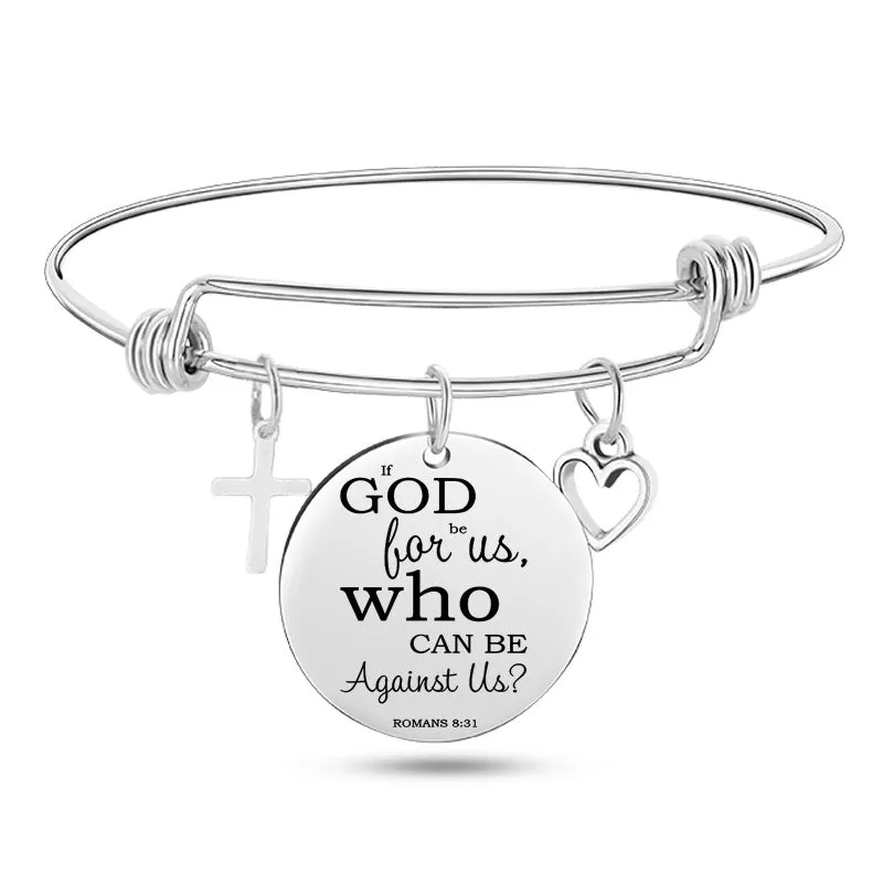 Silver stainless steel bangle bracelet with cross pendant and Christian Bible scripture design