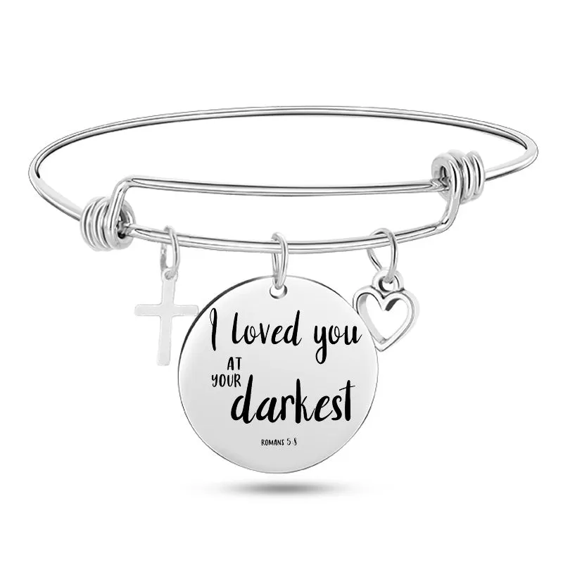 Silver stainless steel bangle bracelet with cross pendant and Christian Bible scripture design
