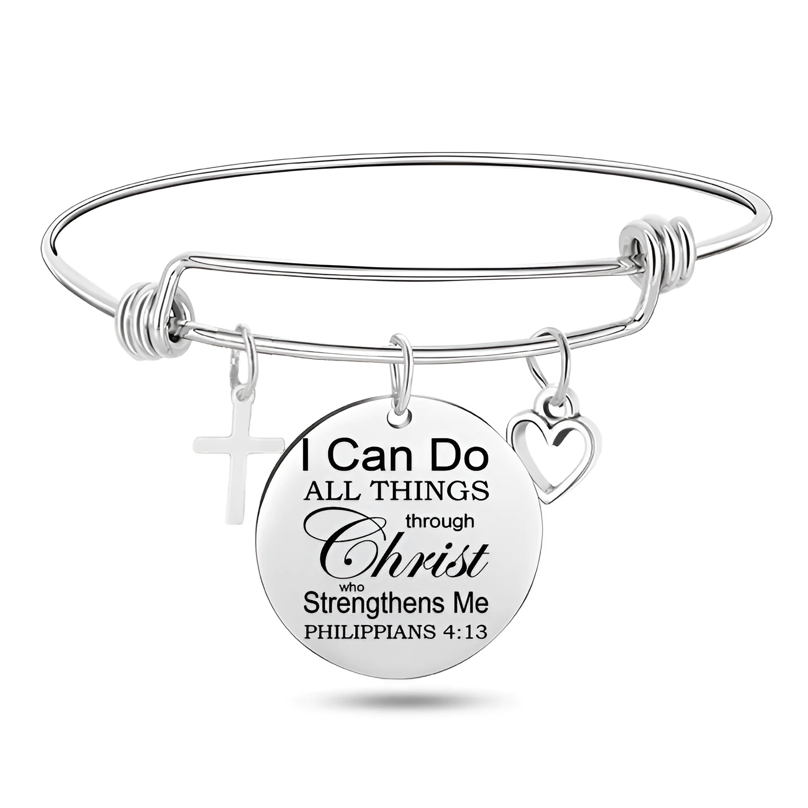 Silver stainless steel bangle bracelet with cross pendant and Christian Bible scripture design