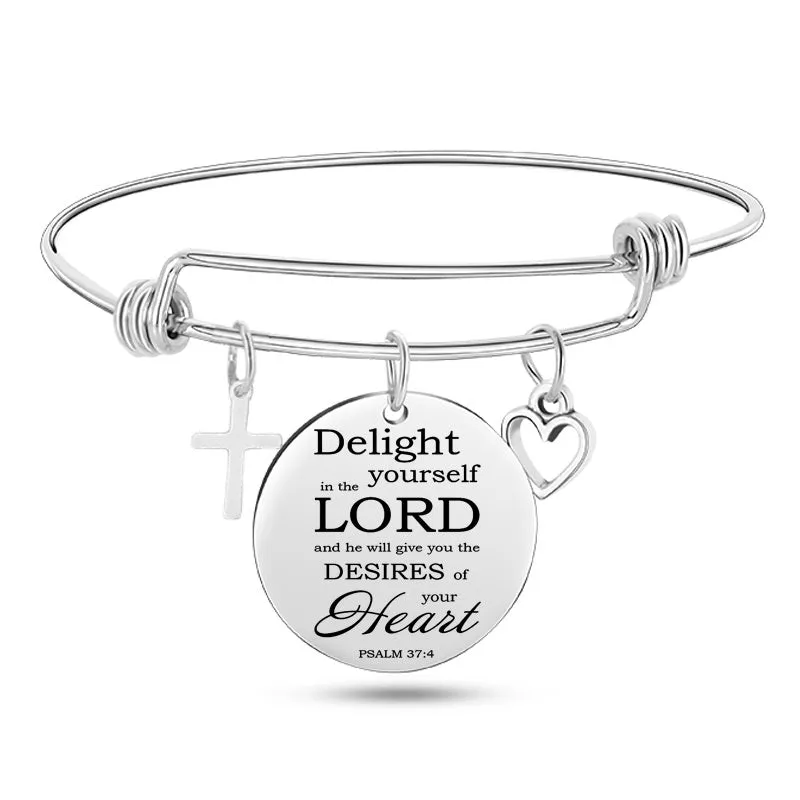 Silver stainless steel bangle bracelet with cross pendant and Christian Bible scripture design