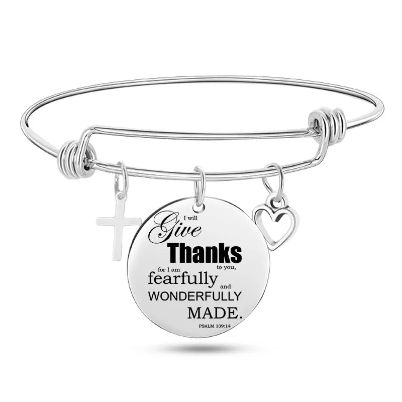 Silver stainless steel bangle bracelet with cross pendant and Christian Bible scripture design