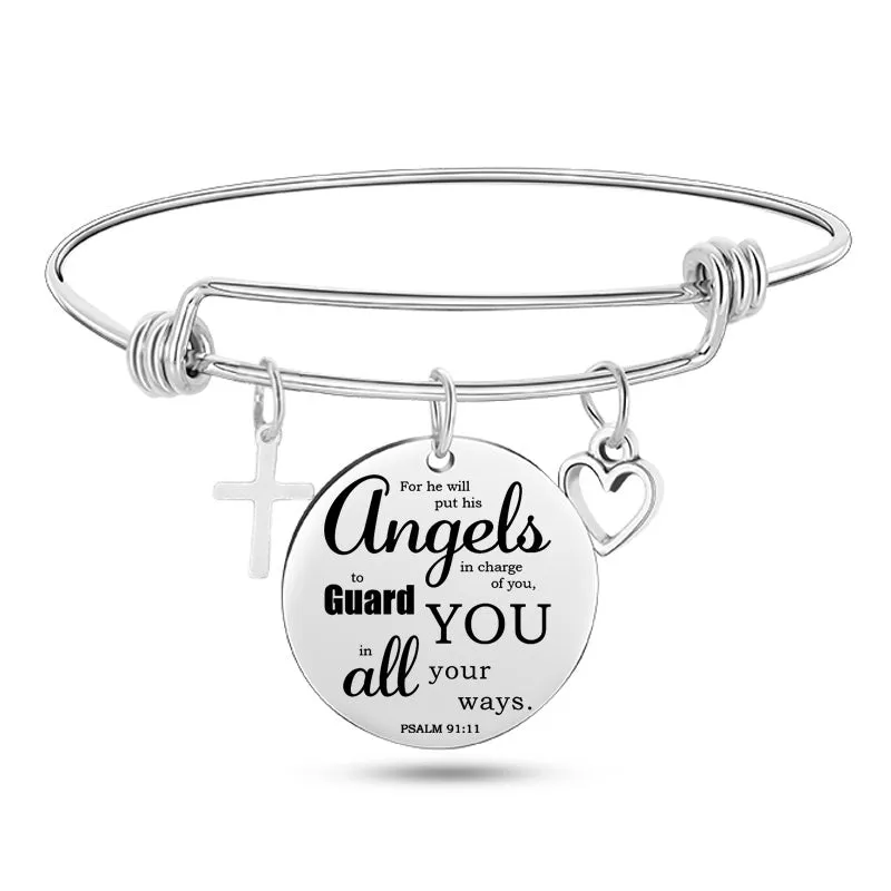 Silver stainless steel bangle bracelet with cross pendant and Christian Bible scripture design