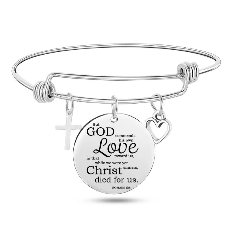 Silver stainless steel bangle bracelet with cross pendant and Christian Bible scripture design
