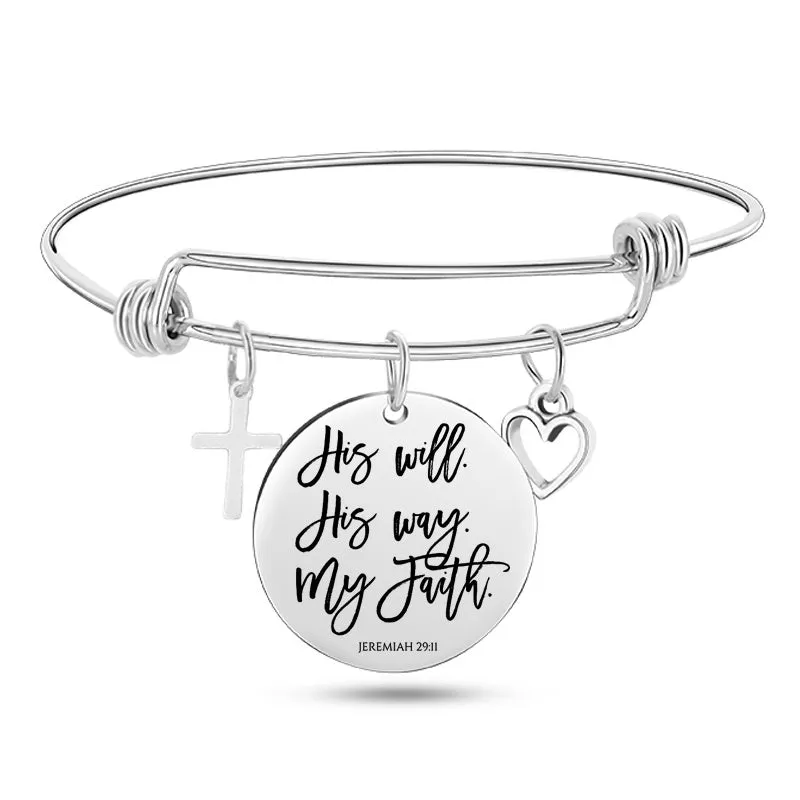 Silver stainless steel bangle bracelet with cross pendant and Christian Bible scripture design