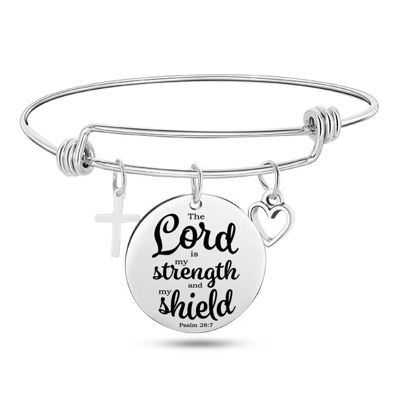 Silver stainless steel bangle bracelet with cross pendant and Christian Bible scripture design