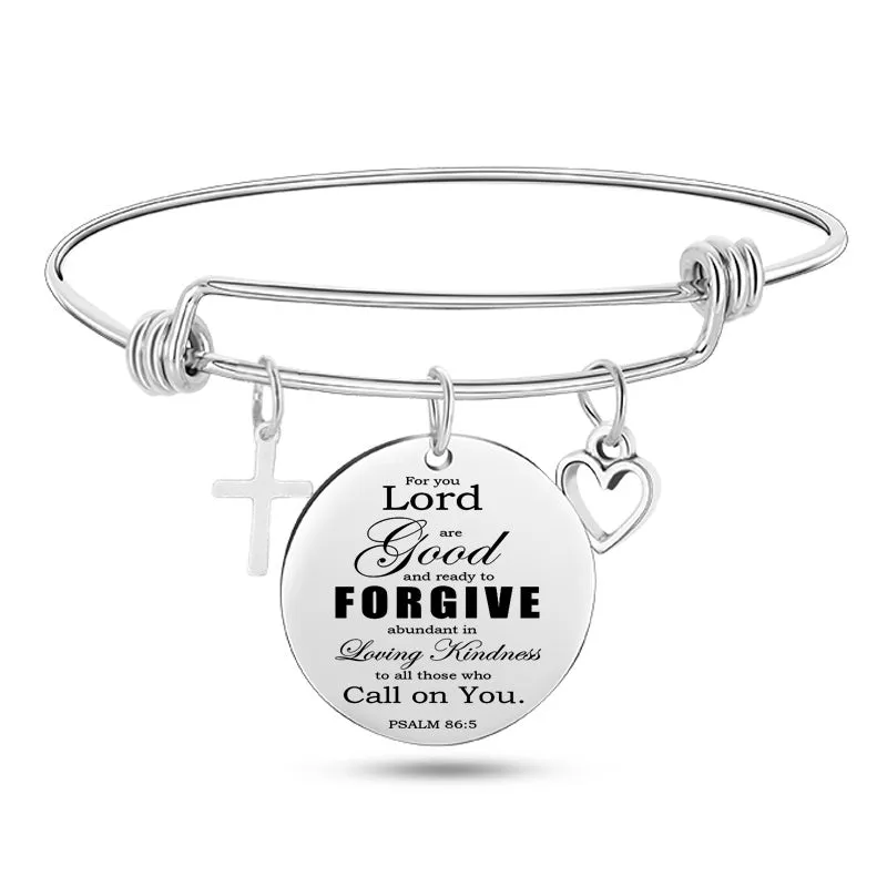 Silver stainless steel bangle bracelet with cross pendant and Christian Bible scripture design