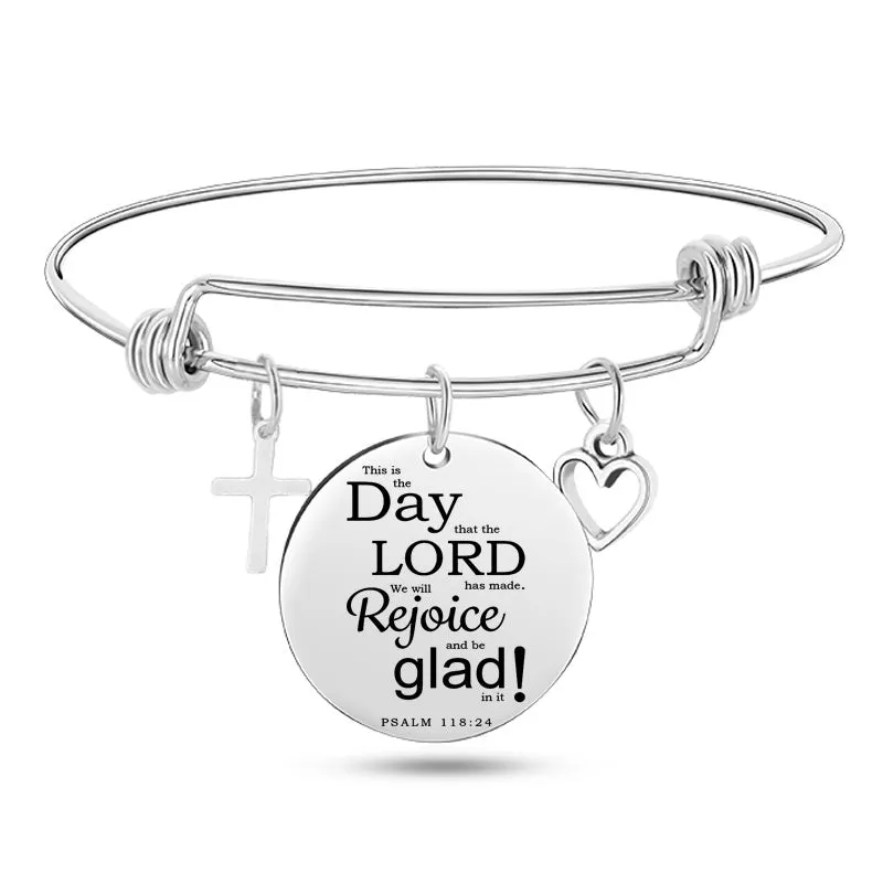 Silver stainless steel bangle bracelet with cross pendant and Christian Bible scripture design