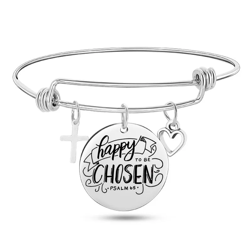 Silver stainless steel bangle bracelet with cross pendant and Christian Bible scripture design
